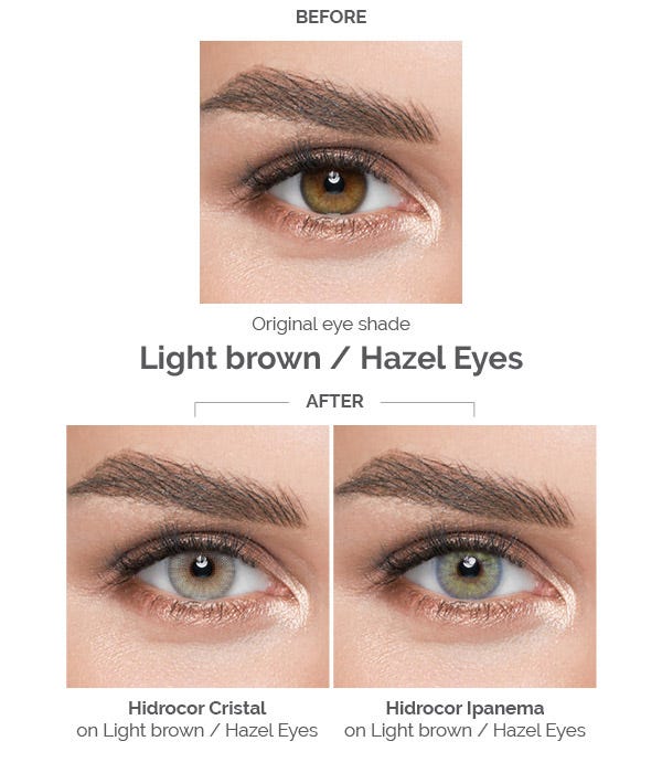 Before and After Color Contact Lenses on Light Brown Eyes