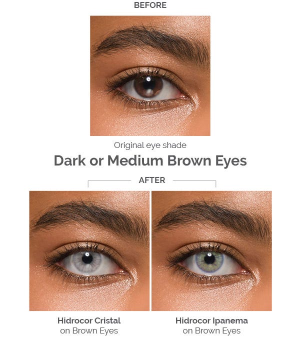 Before and After Color Contact Lenses on Dark Brown Eyes