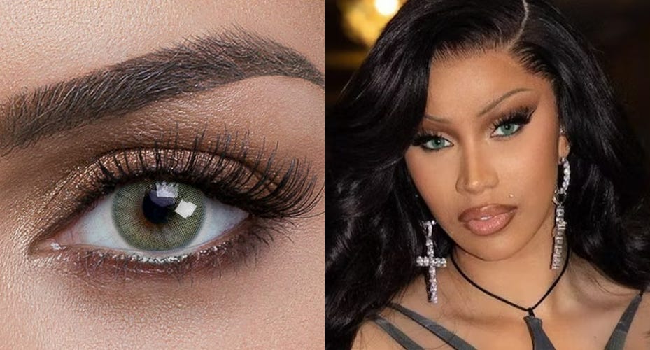 Cardi B 2024 New Year's Eve Look with Green Color Contact Lenses